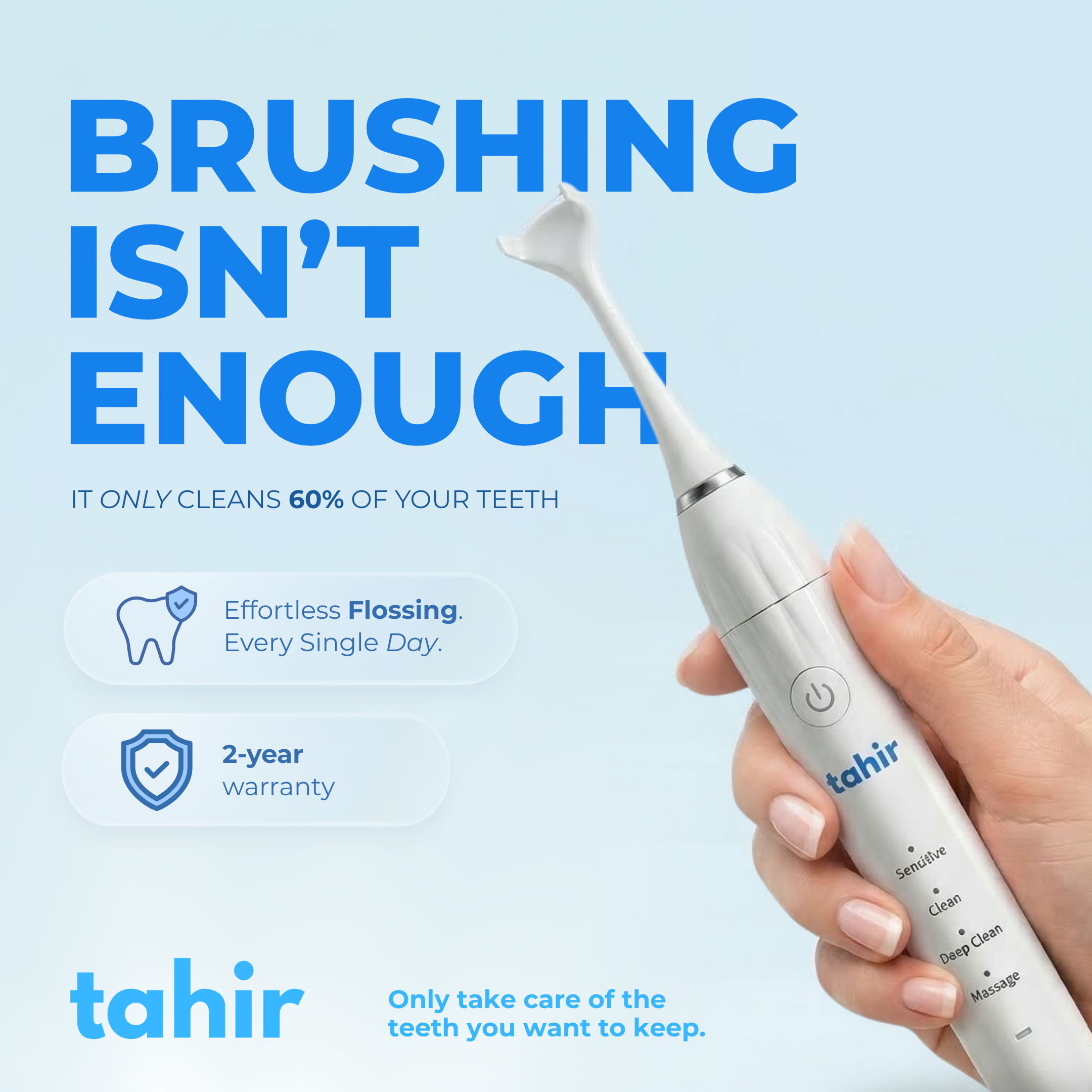 Advertisement showing a hand holding a white electric flosser with the text Brushing Isn't Enough