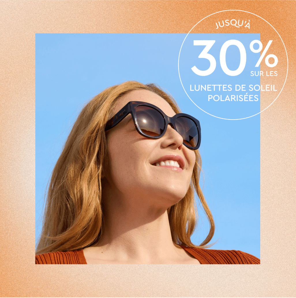 Woman wearing sunglasses, smiling against a blue sky, with a discount text overlay.
