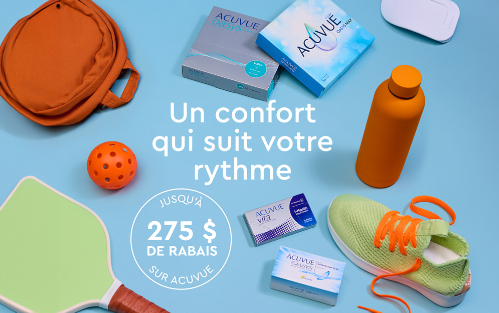 A flat lay of Acuvue contact lens boxes and sports equipment on a blue background.