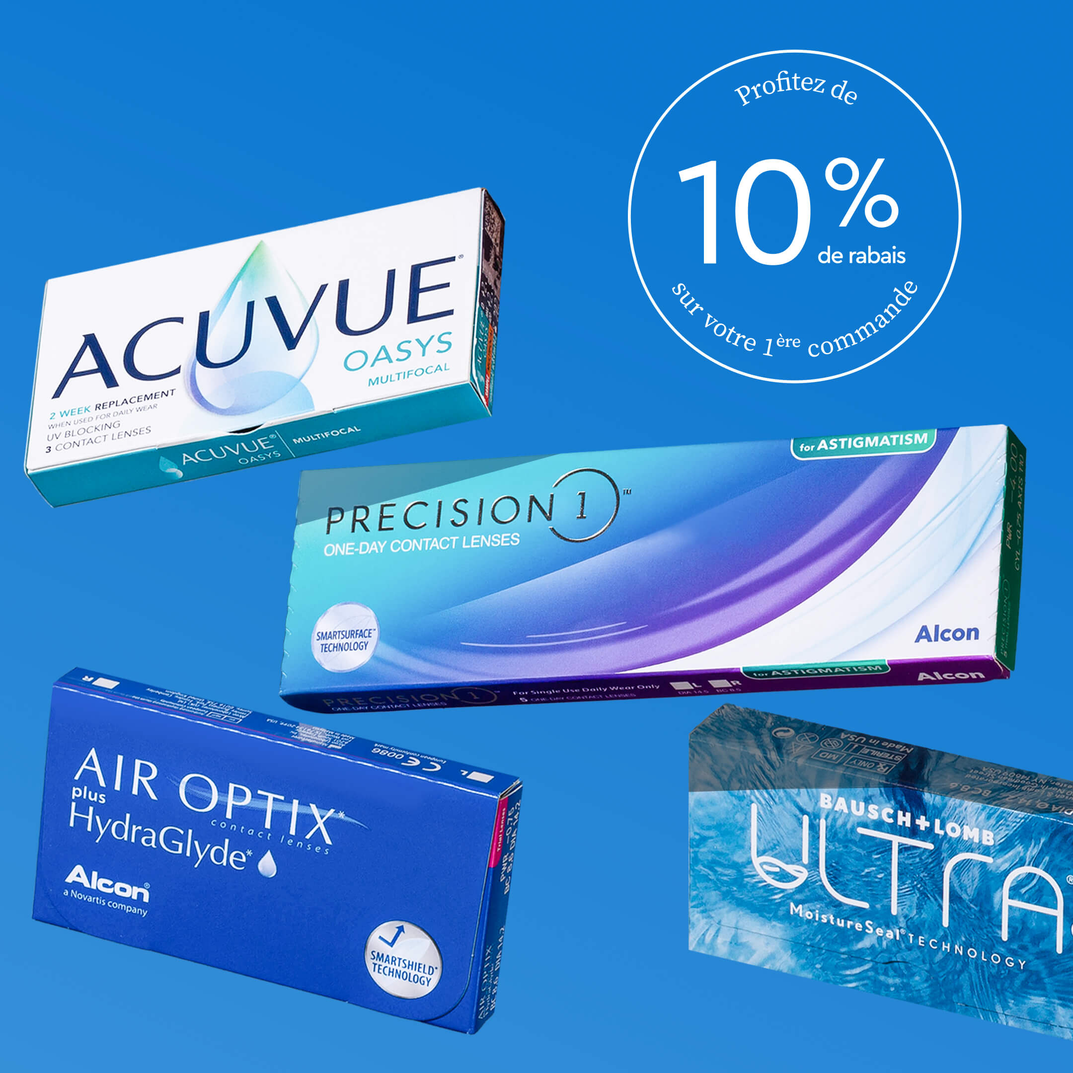 Quatre boîtes de verres de contact sur fond bleu avec le texte “10 % de rabais sur votre première commande”.