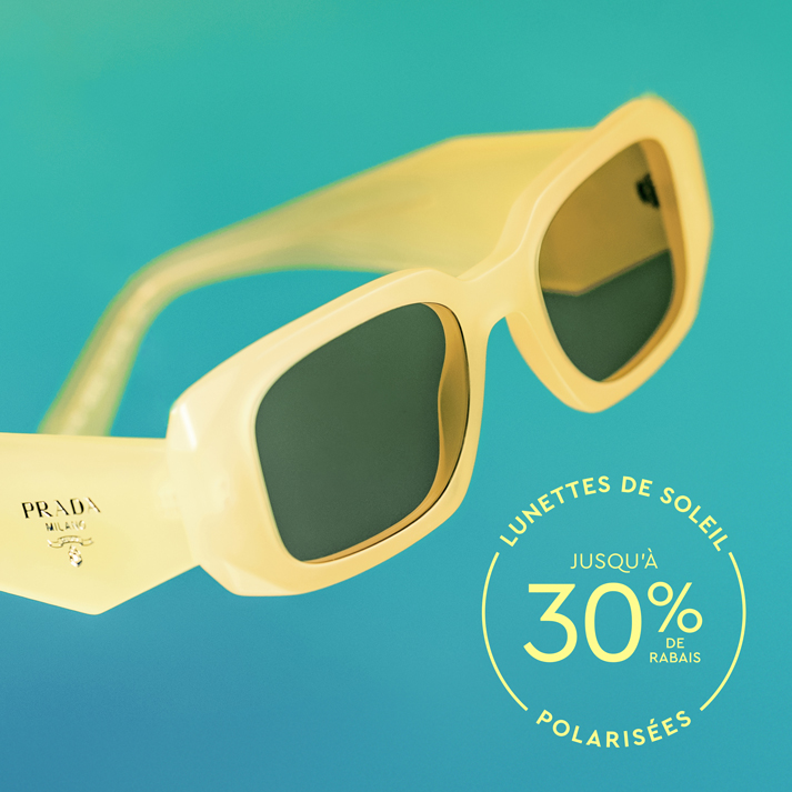 Une paire de lunettes de soleil jaunes sur fond bleu avec un texte annonçant une réduction de 30 %