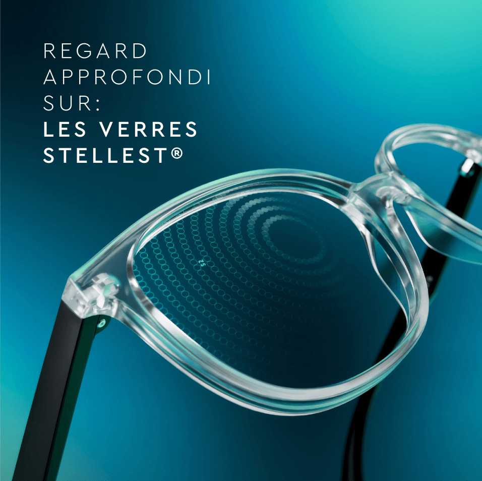 Verres Stellest montés sur une monture, sur un fond vert.