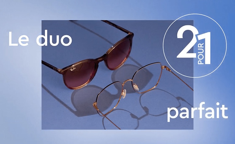 Sunglasses and eyeglasses on a blue background with French text.