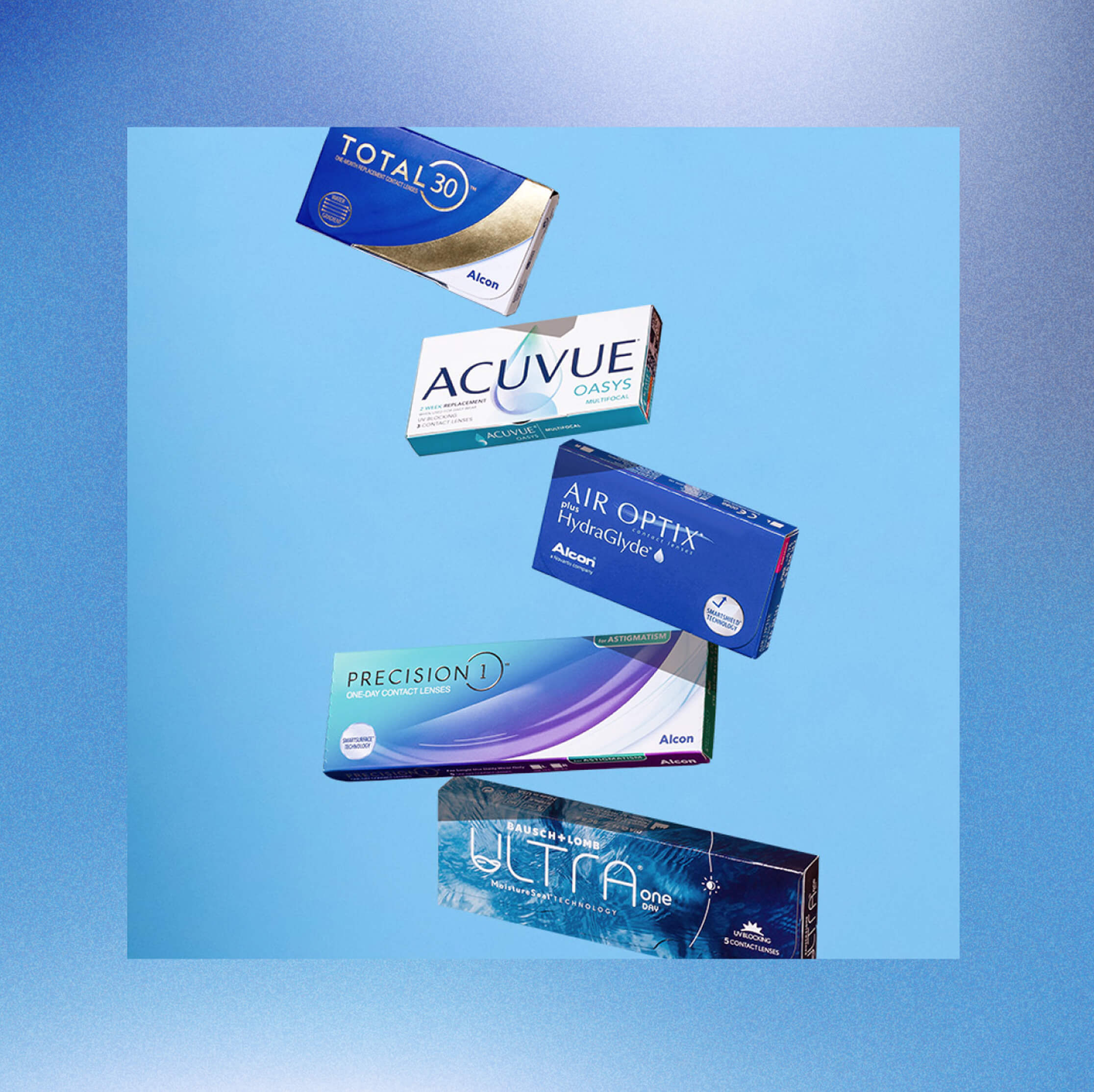 Five different contact lens boxes on a blue background.