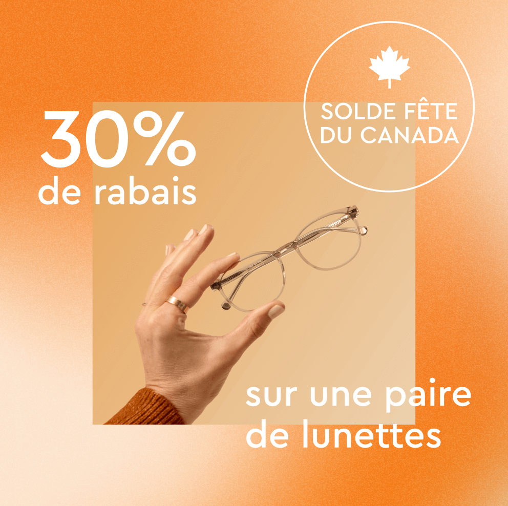 Hand holding glasses with text about a 30% discount for Canada Day sale.