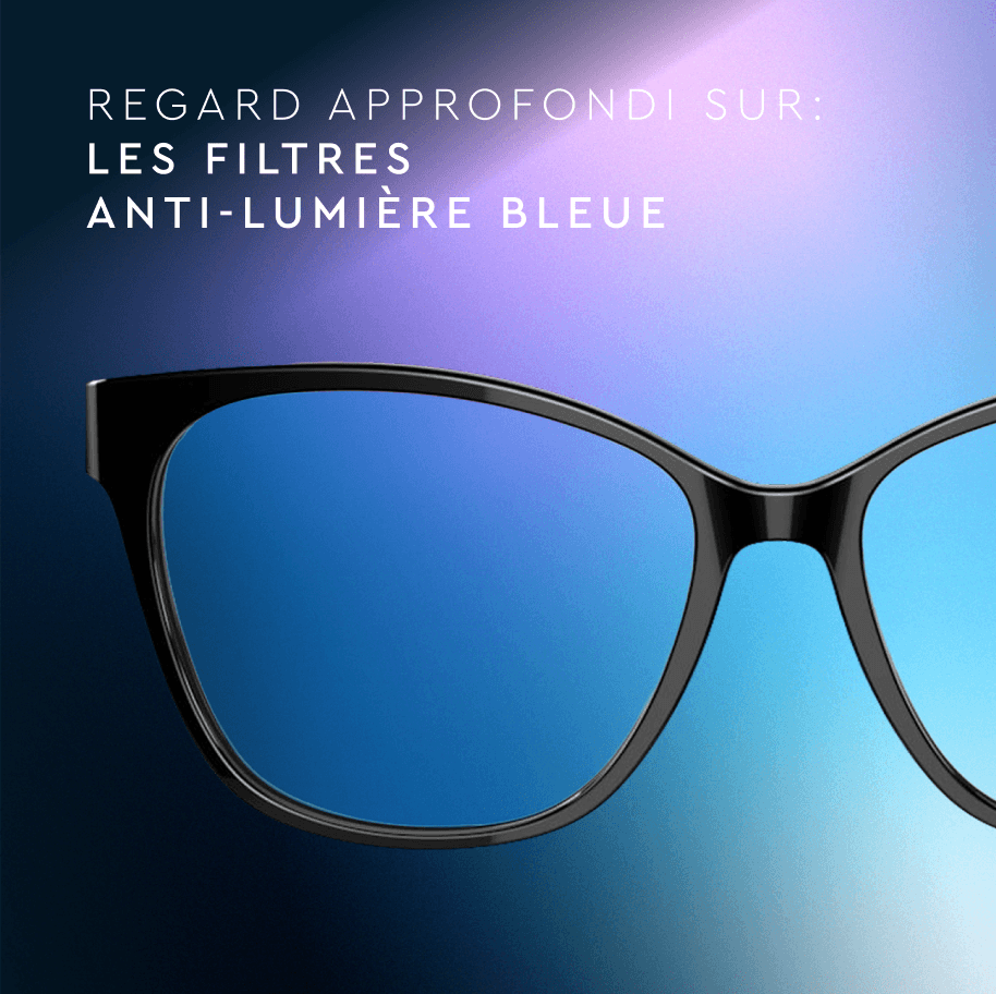 Gros plan de lunettes à monture noire avec des verres bleutés, accompagné du texte « Regard approfondi sur : les filtres anti-lumière bleue »