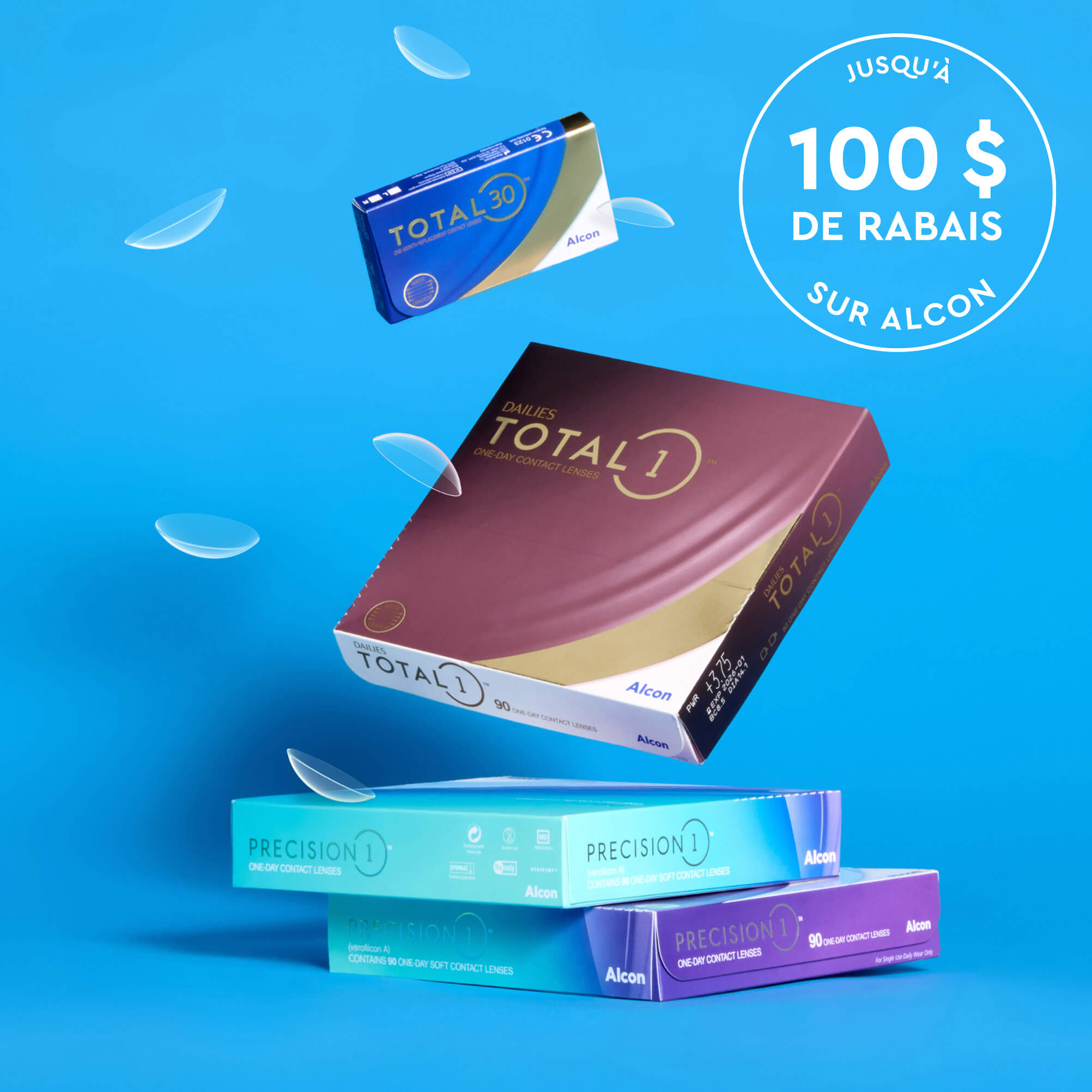 Boîtes flottantes de lentilles cornéennes Alcon sur un fond bleu.