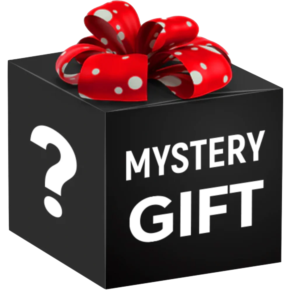Black box with a red ribbon labeled 'Mystery Gift' with a question mark.