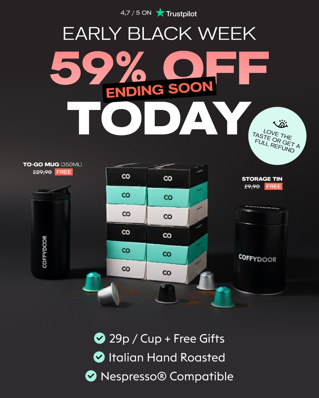 Promotion for 59% off coffee pods and accessories with free gifts.