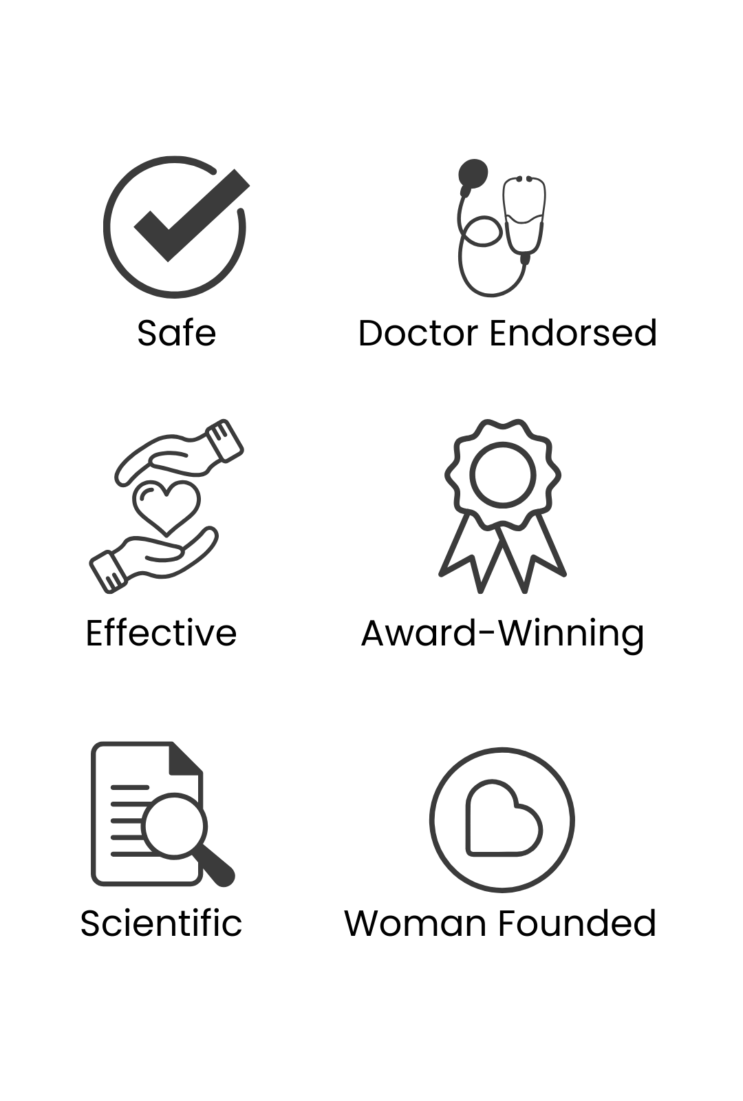 Icons with labels: Safe, Doctor Endorsed, Effective, Award-Winning, Scientific, Woman Founded.
