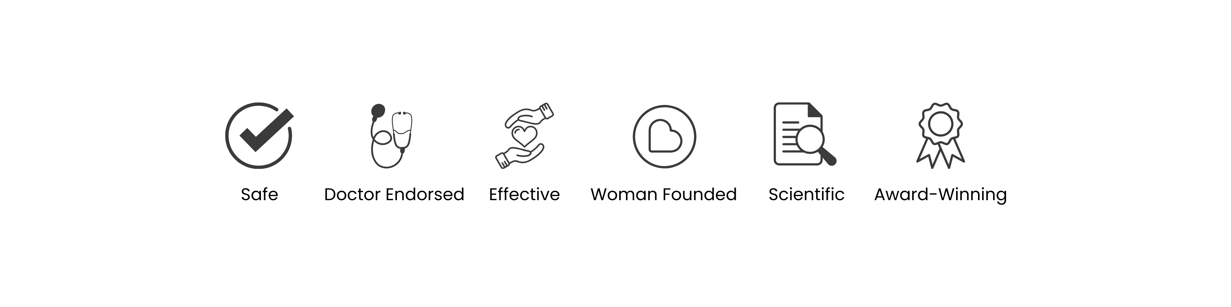 Six black icons representing various concepts on a white background.
