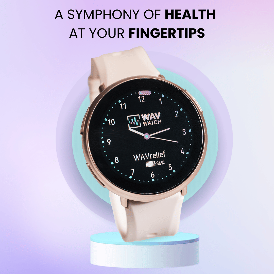Smartwatch with health features displayed on a purple and blue background.
