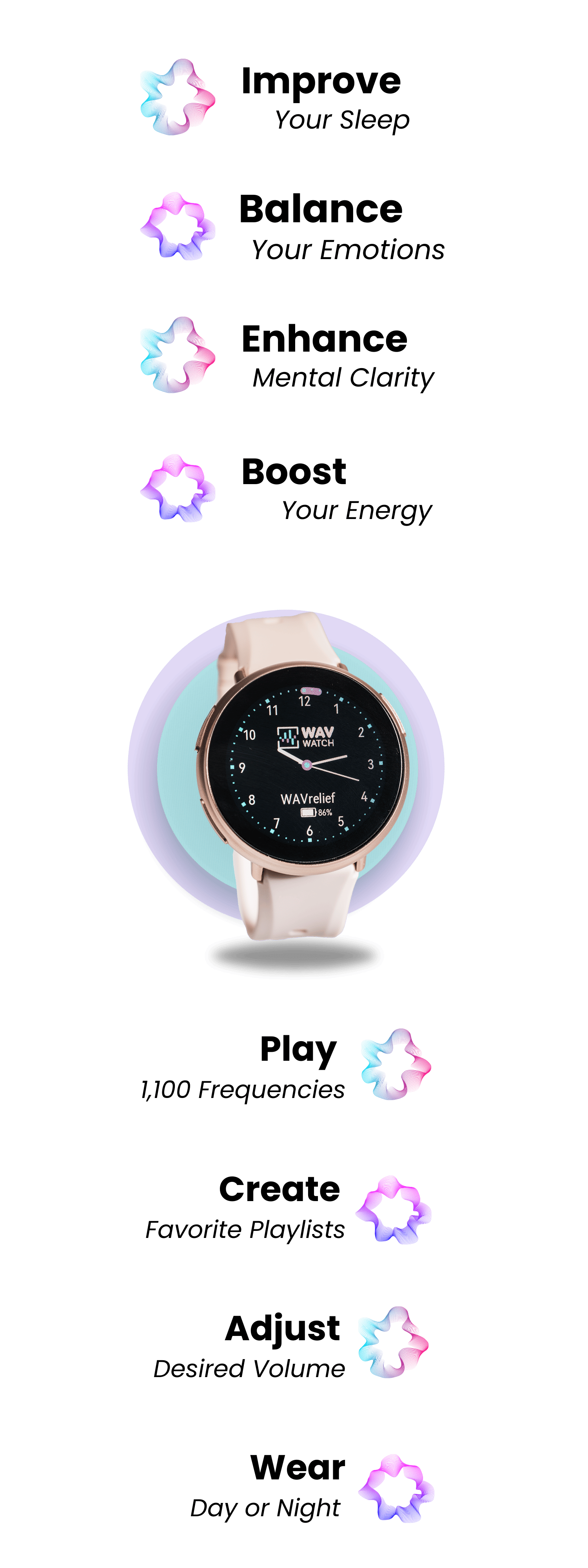 Smartwatch with a black face and white strap, surrounded by colorful icons and text.
