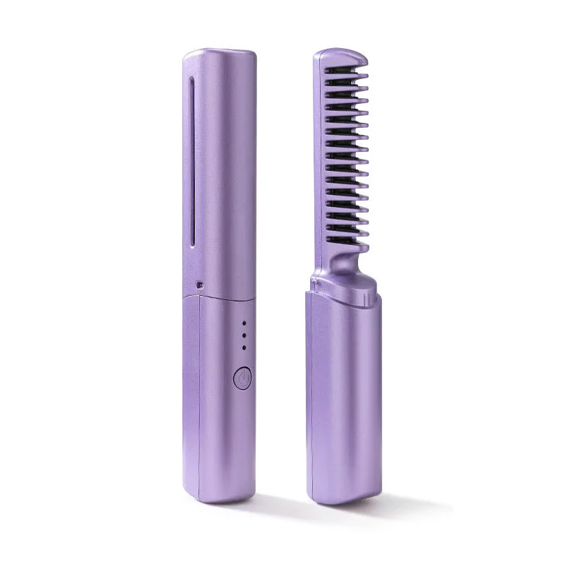 Two purple electric hair combs in closed and open positions.