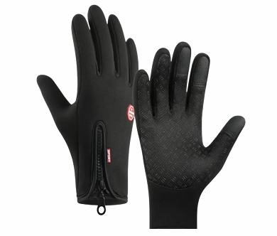 Pair of black gloves, one showing the palm side with texture.
