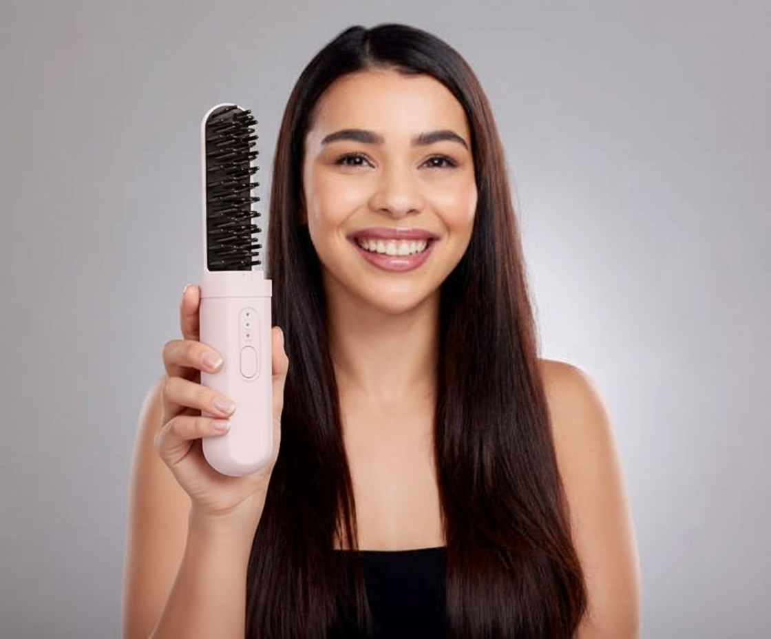 Smiling person holding a pink hairbrush against a gray background.