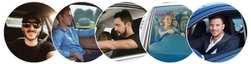A collage of five circular photos showing different people driving or riding as passengers in cars.