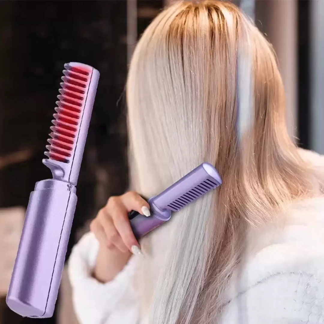 Person using a purple hairbrush on long, blonde hair.