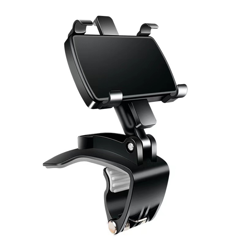 A black, clip-on car phone holder with an adjustable arm, shown on a white background.
