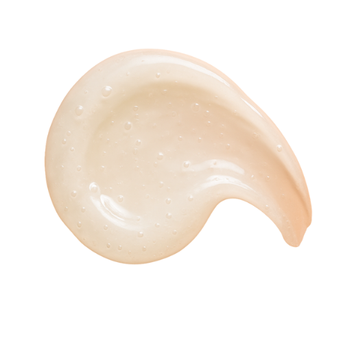 A close-up swatch of a translucent, peach-colored gel with bubbles, swirled on a white background.