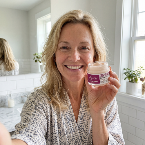 A smiling woman in a patterned robe holds up a small jar of cream in a bathroom.