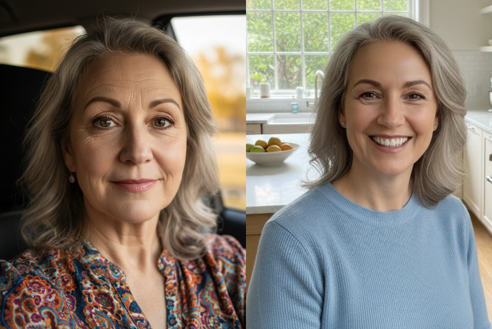 Side-by-side portraits of a middle-aged woman, one in a car and one smiling in a kitchen.