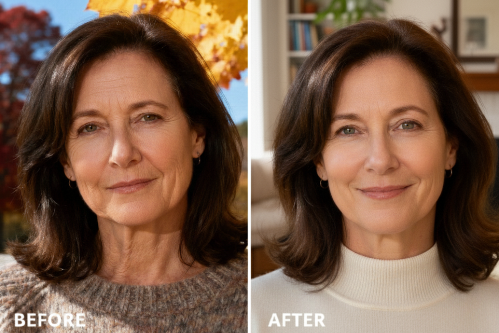 A before and after diptych of a woman's face, showing a visible reduction in wrinkles and smoother skin.