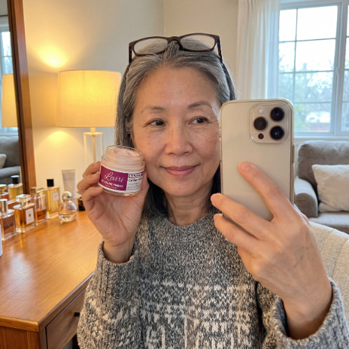 Smiling woman taking a selfie, holding a small jar of skincare product.