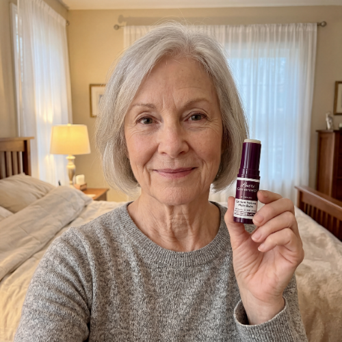 A woman with gray hair smiles while holding up a small tube of skincare product in a bedroom.
