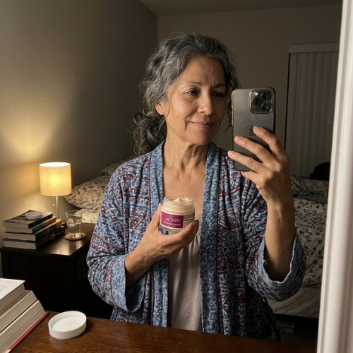 A woman with gray hair in a robe takes a mirror selfie holding a jar of cream.