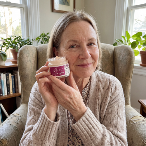 An older woman sits in an armchair, smiling and holding a small jar of pink face cream.