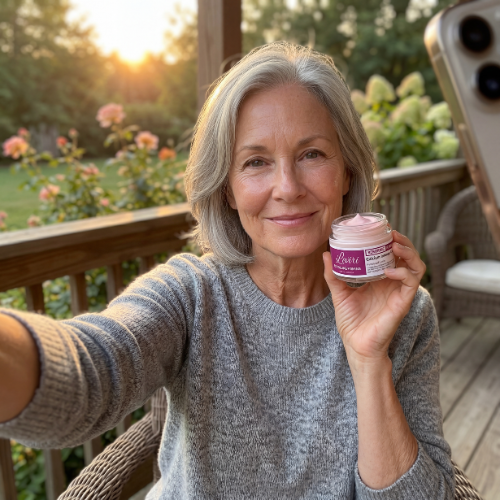 A woman with gray hair takes a selfie on a porch while holding up a small jar of cream.