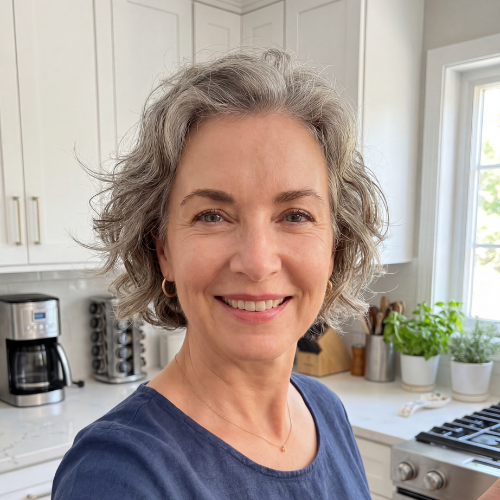 A smiling woman with short, wavy gray hair stands in a bright kitchen.