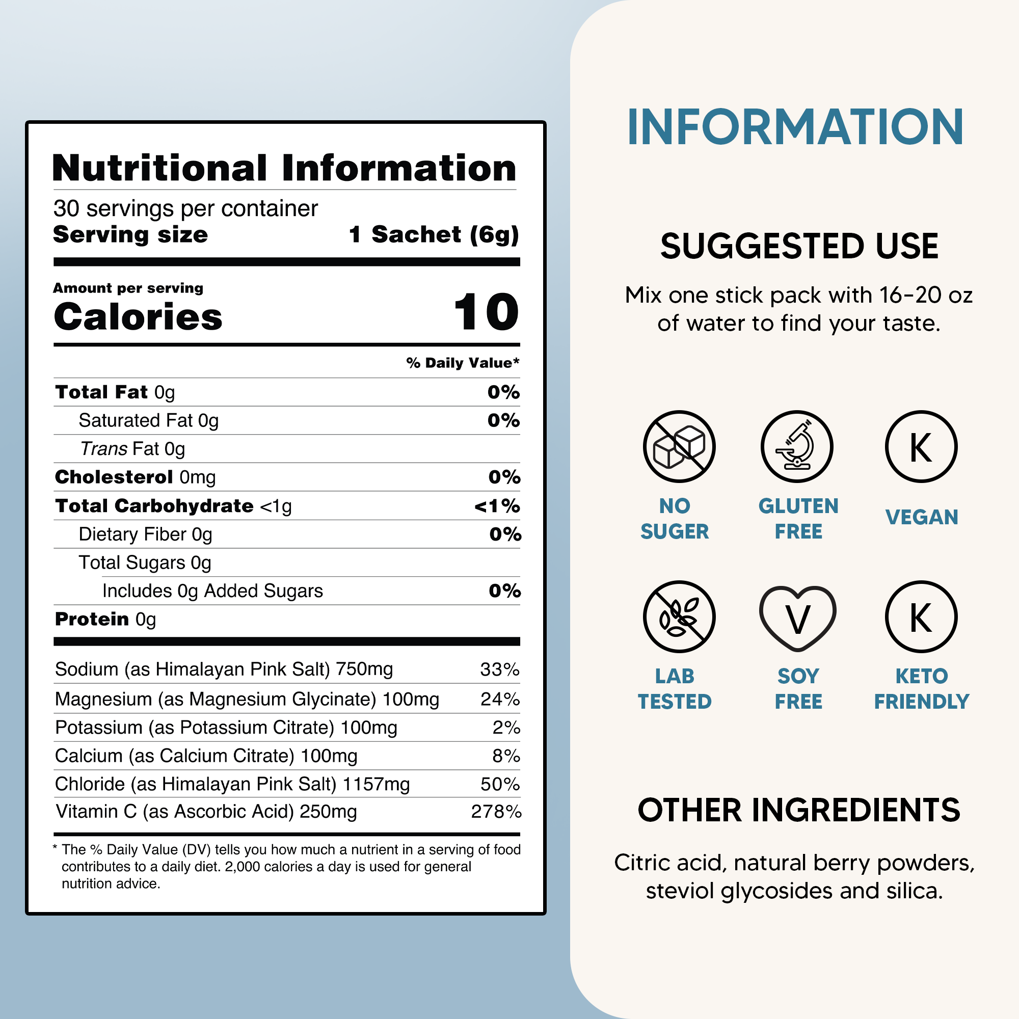 The nutritional facts panel for a product, showing ingredients, usage instructions, and dietary certifications.