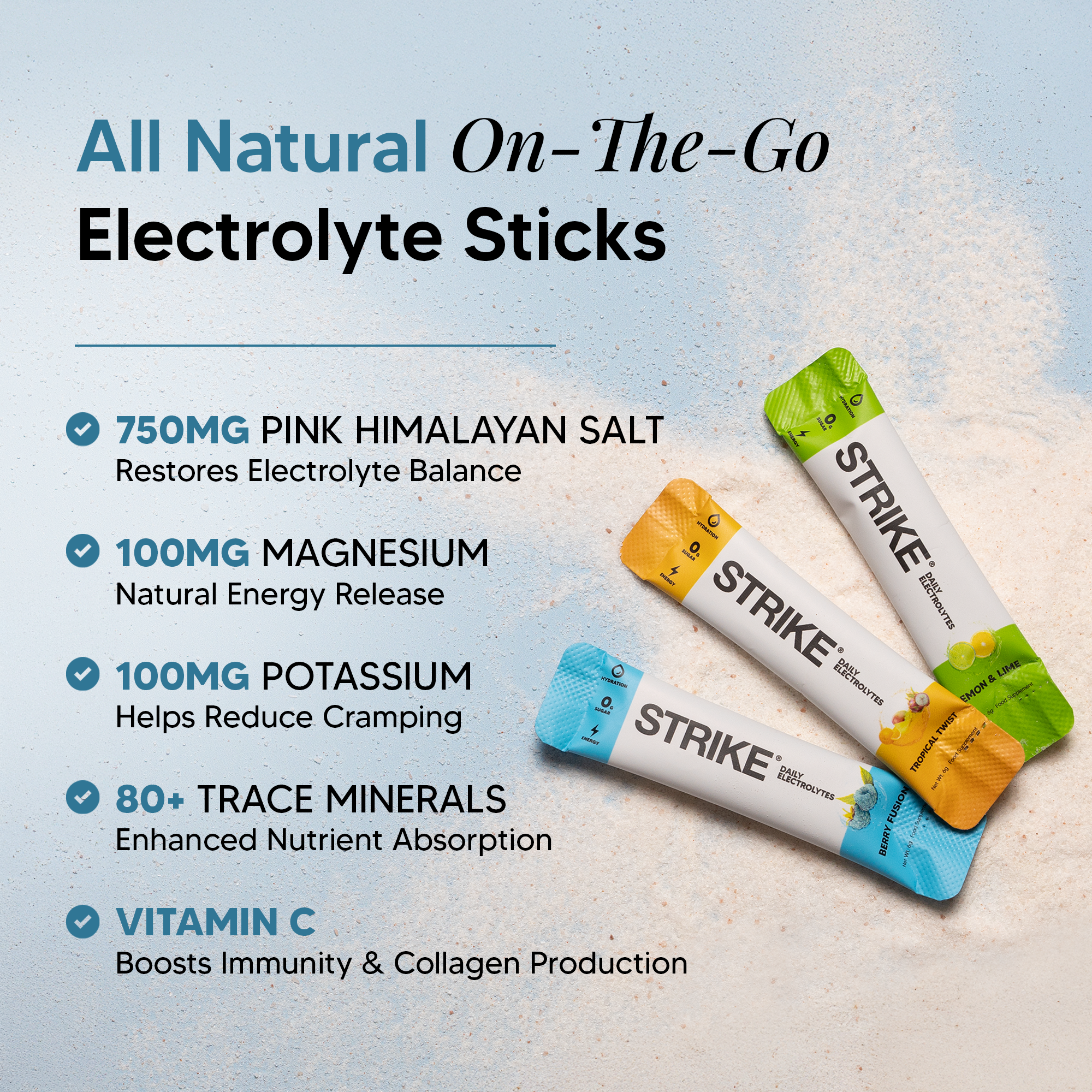 Three Strike Daily Electrolytes sticks in different flavors with a list of their all-natural ingredients and benefits.