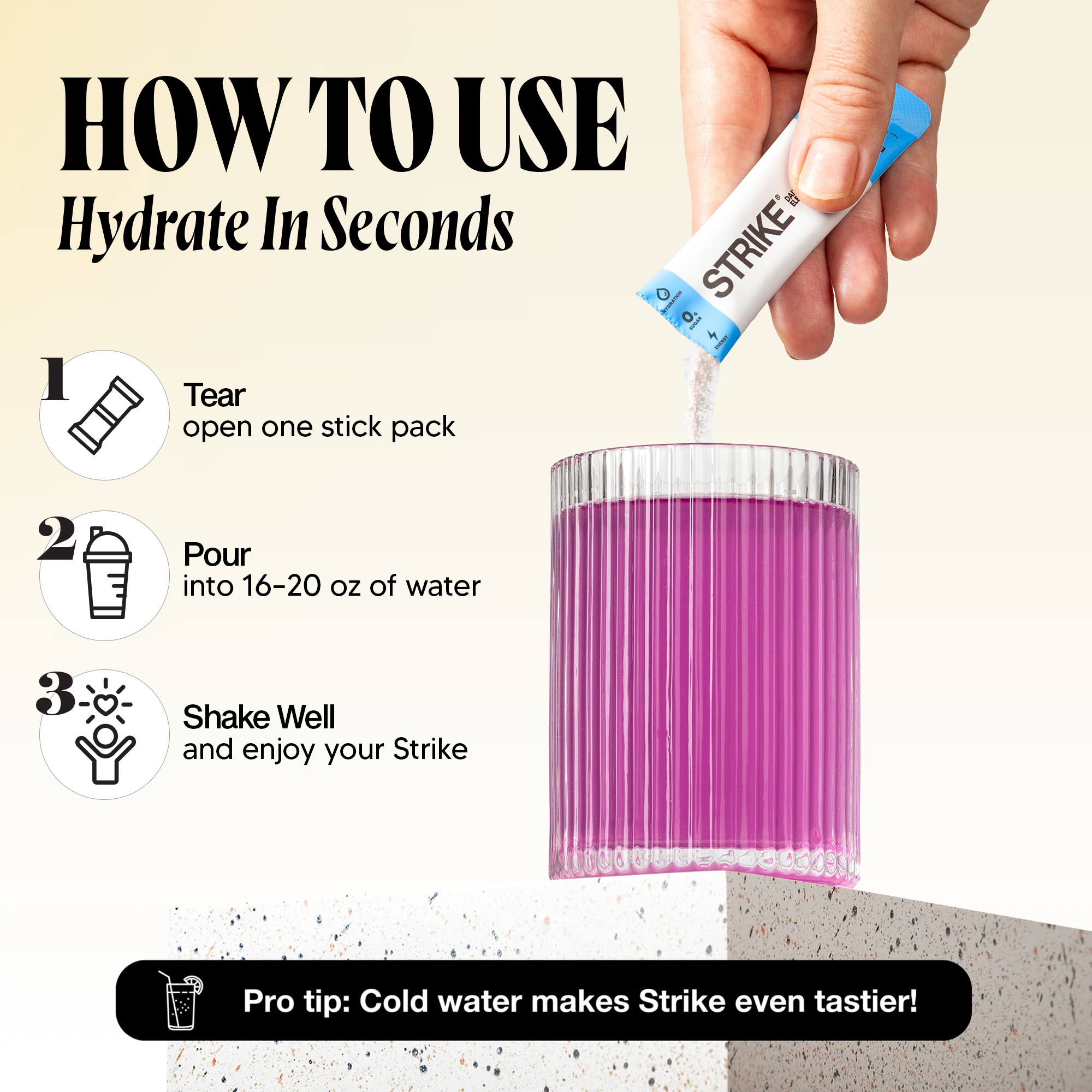 Infographic with three steps showing how to mix Strike hydration powder into a glass of purple liquid.