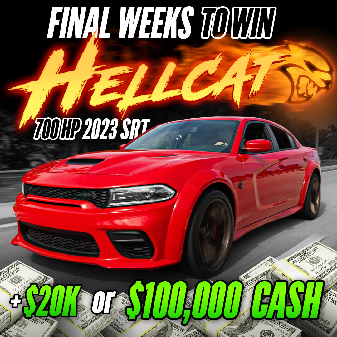 Red car with text promoting a Hellcat giveaway and cash prizes.