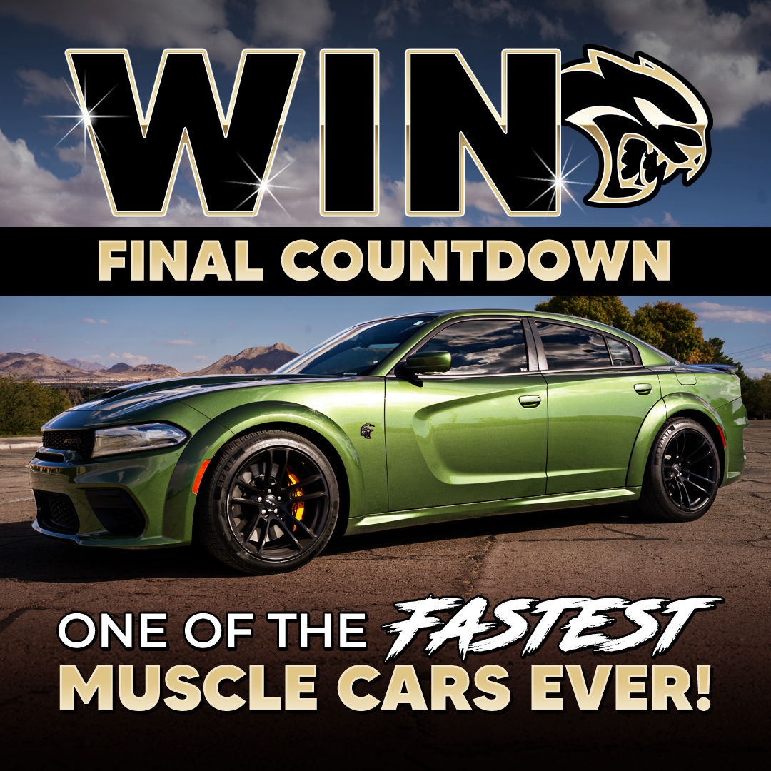A promotional image for a giveaway featuring a green Dodge Charger Hellcat muscle car.