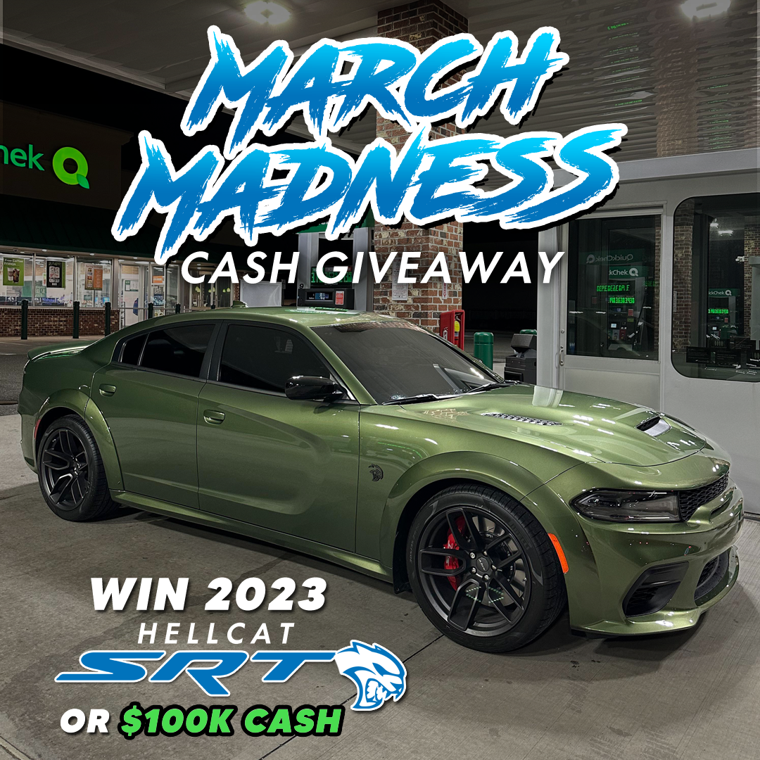 Green car at gas station with 'March Madness Cash Giveaway' text overlay.