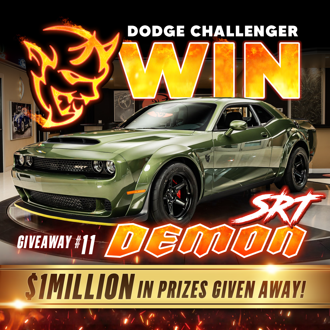 A promotional graphic for a giveaway featuring a green Dodge Challenger SRT Demon car.