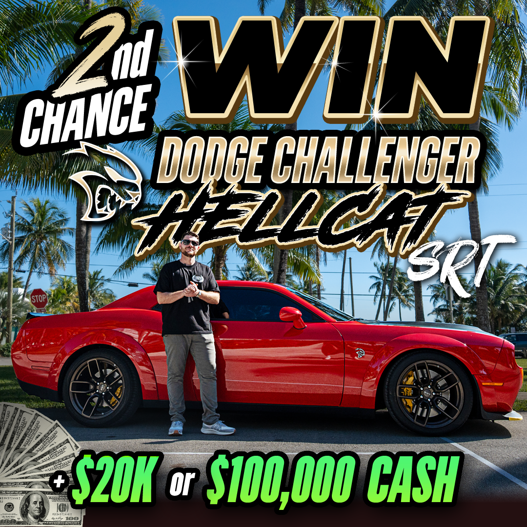 A promotional graphic of a man standing by a red Dodge Challenger Hellcat for a giveaway.