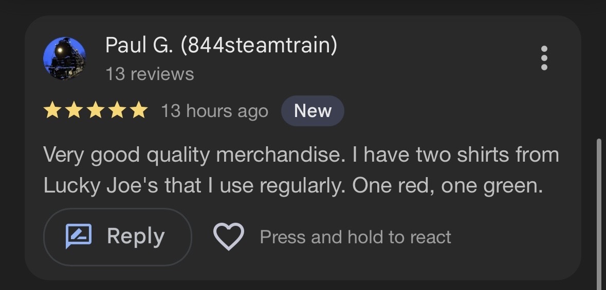 A review with five stars, mentioning two shirts from Lucky Joe's, one red and one green.