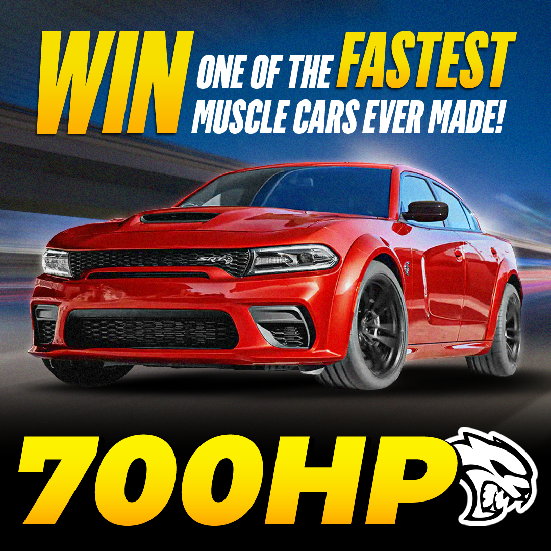 Red muscle car with text promoting a 700HP vehicle giveaway.