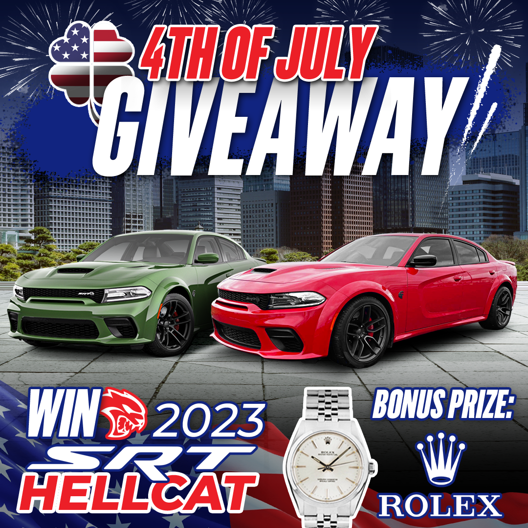 4th of July giveaway with two cars, a watch, and fireworks in the background.