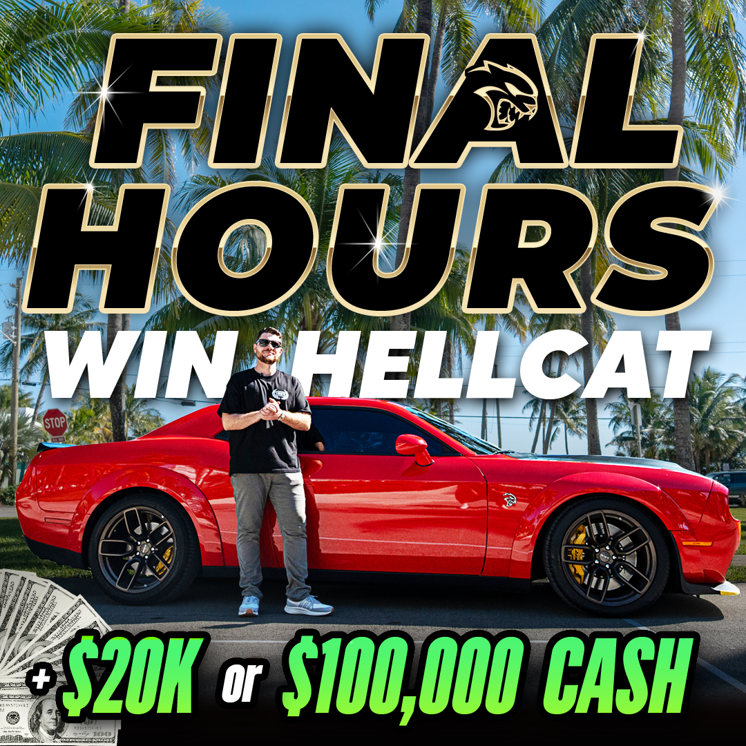 A man stands beside a red Dodge Hellcat with text advertising a giveaway with cash prizes.