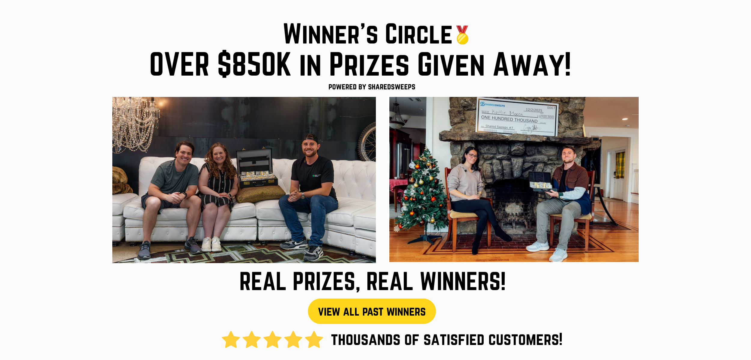 A promotional image showing past sweepstakes winners with their cash prizes and a large check.