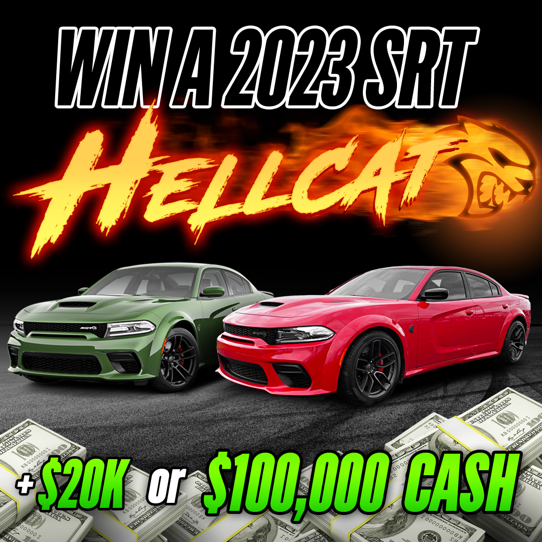 Two cars with text promoting a 2023 SRT Hellcat giveaway.