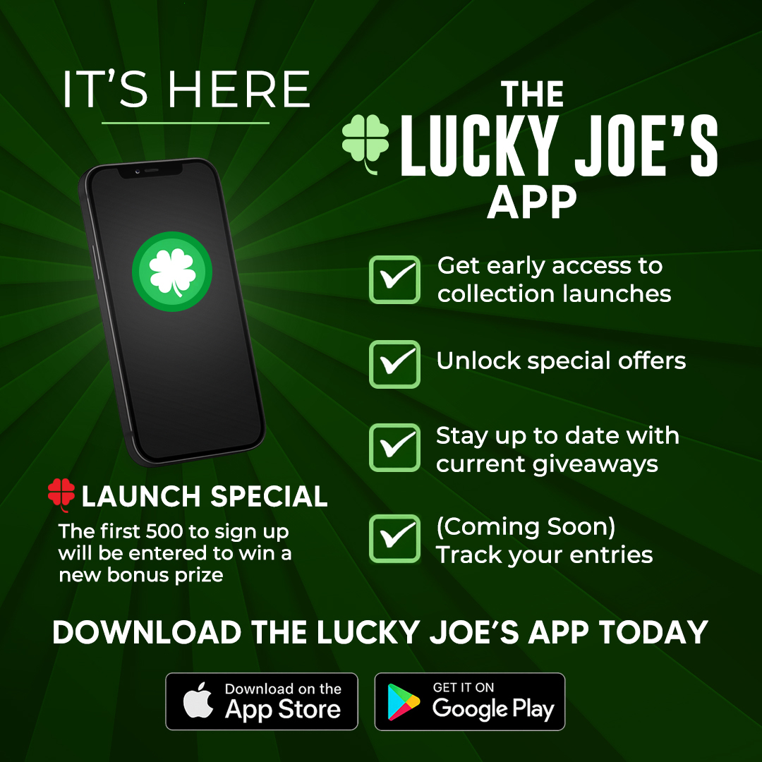 Promotional image for 'The Lucky Joe's App' with features and download options.