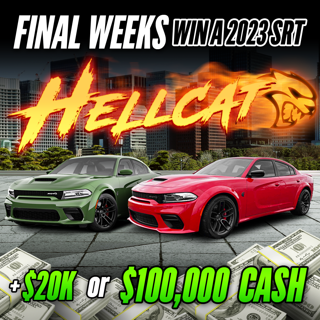 Two cars with text promoting a contest to win a 2023 SRT Hellcat.