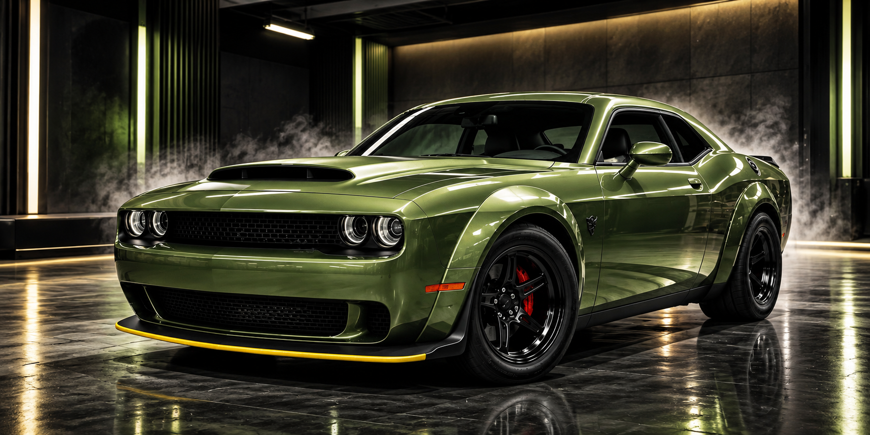 A modern olive green Dodge Challenger is parked in a smoky, well-lit garage on a reflective floor.